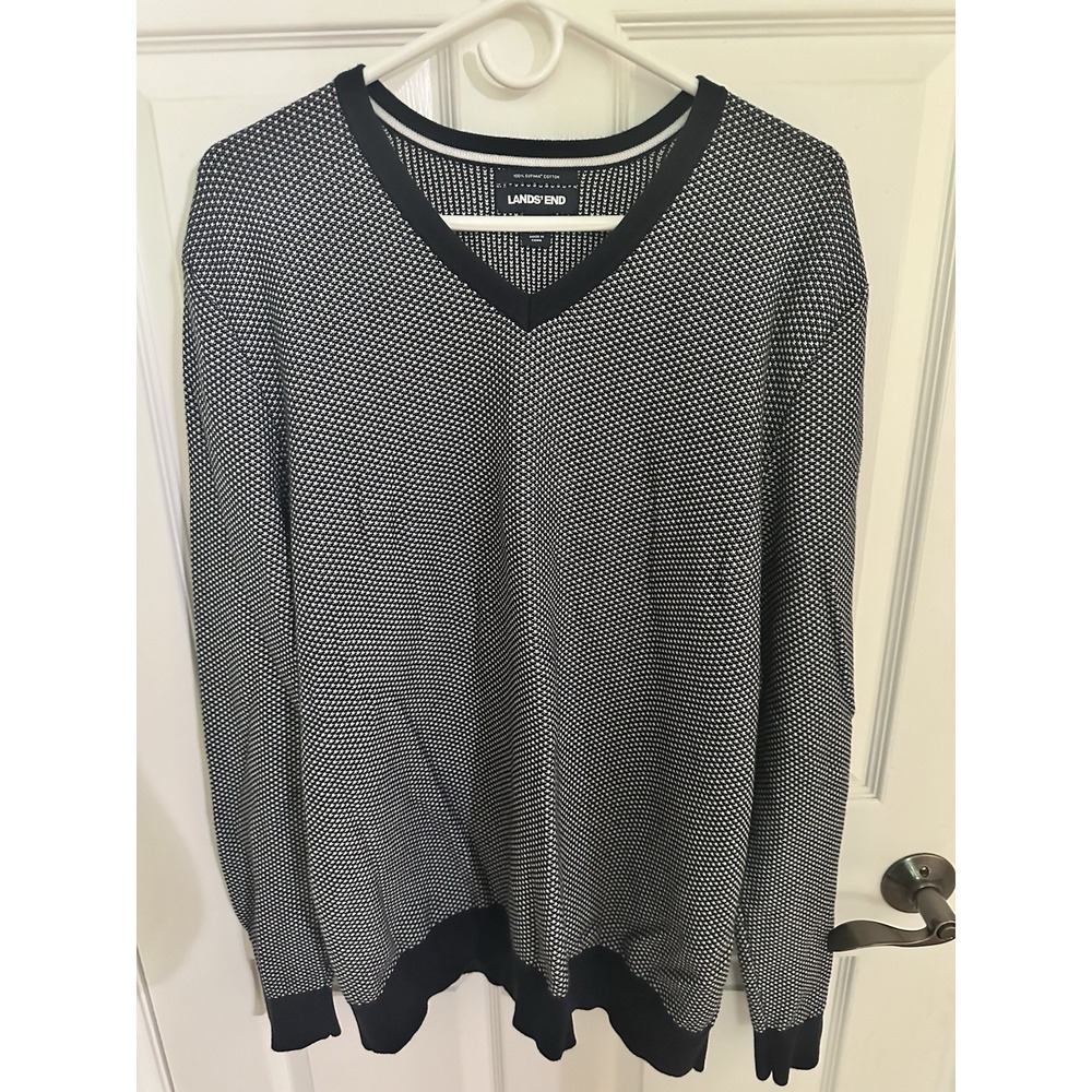 Lands' End Men's XL Supima Cotton Navy White Geometric V-Neck Pullover Sweater